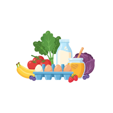 Illustration of groceries including fruits, vegetables, and dairy products on a white background