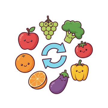 Illustration of kawaii-style fruits and vegetables with a recycling symbol in the center on a white background.