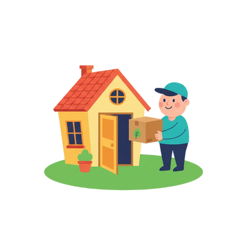 Illustration of a delivery person with a package in front of a house