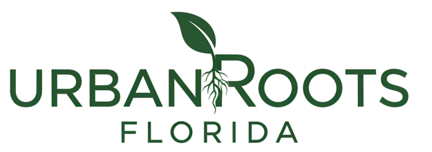 Logo of Urban Roots Florida with green text and a leaf design on a white background